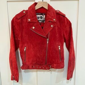 OBEY ✖️ Debbie Harry St. Marks Red Suede Leather Moto Zip Jacket Punk Belted XS